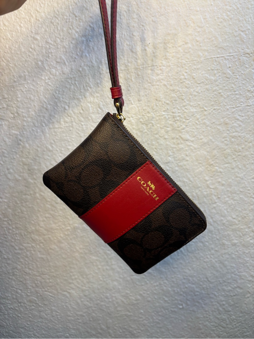 Coach Brown Signature Canvas Wristlet with Red Accent